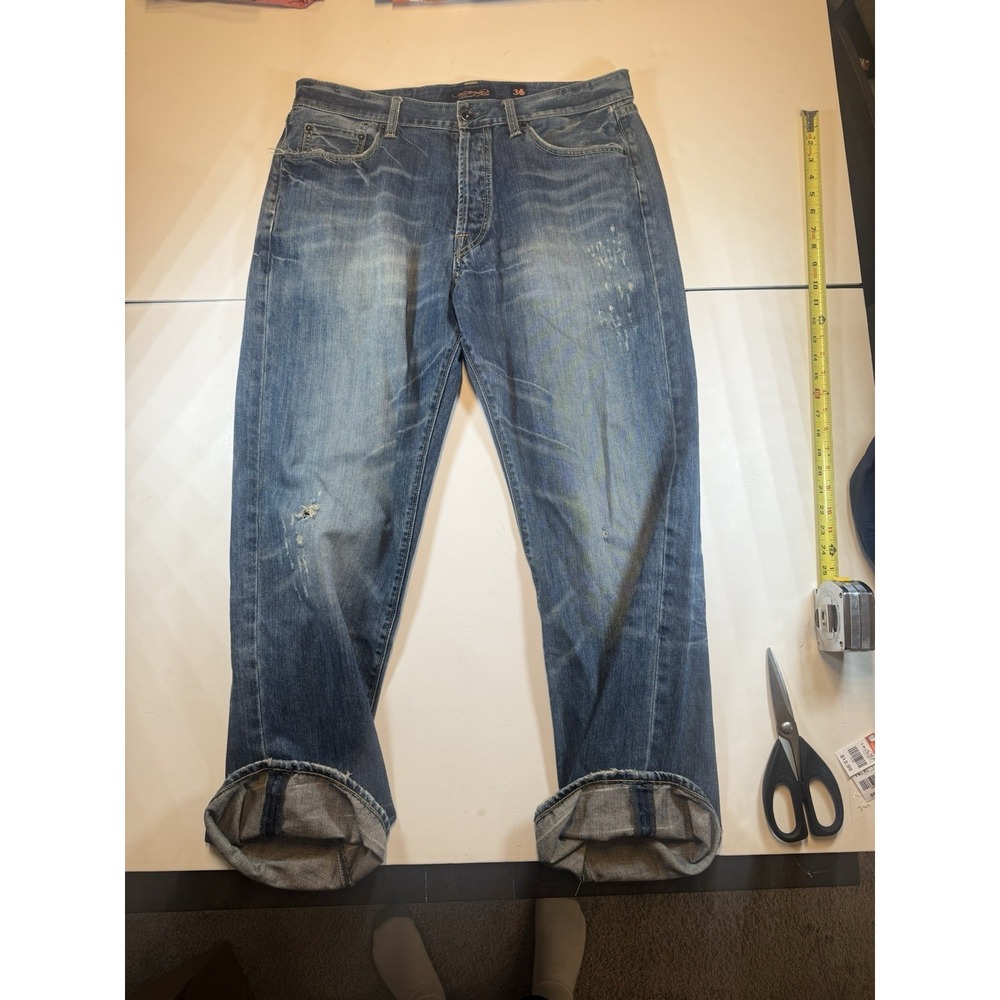 Ed Hardy Jeans Mens 36x32 Distressed Button Fly Selvedge Y2K Fade Denim Straight